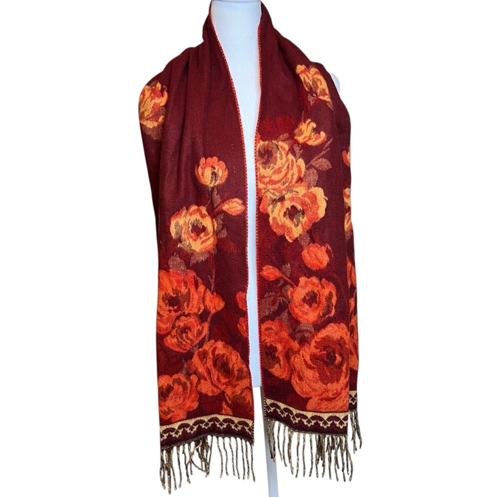 V. FRAAS Cashmink Scarf Red Floral 100% Acrylic Fringed Made in Germany Soft EUC
